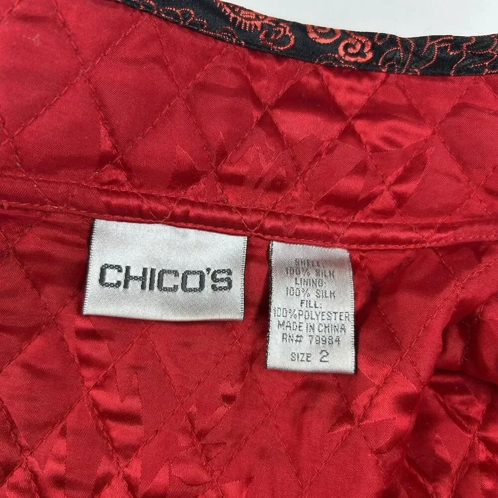 Chico's Silk Quilted Jacket Womens Sz 2 (L) Red Chinese Lantern Print Zip Front